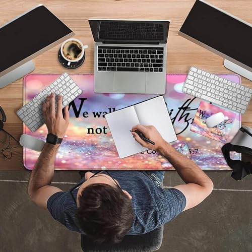 Mouse Pad Desk Mat Ergonomic Wrist Support Pad Set,Mouse Wrist Rest Keyboard Pad with Stitched Edges and Non Slip Base-We Walk by Faith Pink Purple Glitter - color: We Walk By Faith