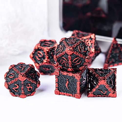 Cusdie 7Pcs Metal Dice with Metal Box, Dagger Design Polyhedral DND Dice Set, for Role Playing Game D&D Dice (Black with Red Font) - color: Black With Red Font