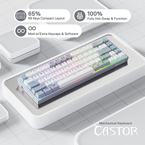 Redragon K631 Gery 65% Wired RGB Gaming Keyboard, 68 Keys Compact Mechanical Keyboard w/100% Hot-Swap Socket, Free-Mod Plate Mounted PCB & Dedicated Arrow Keys, Quiet Red Switch - color: White & Grey 65% Wired