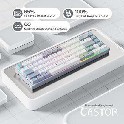 Redragon K631 Gery 65% Wired RGB Gaming Keyboard, 68 Keys Compact Mechanical Keyboard w/100% Hot-Swap Socket, Free-Mod Plate Mounted PCB & Dedicated Arrow Keys, Quiet Red Switch - color: White & Grey 65% Wired