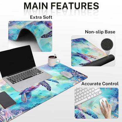 Britimes Sea Turtle Cute Ocean Keyboard Mouse Pad Set 4in1 Large Mousepad+Keyboard Wrist Rest+Mouse Wrist Rest+Coaster Set with Ergonomic Design for Home Office Computer 35.4x15.7 inches - color: Sea Turtle