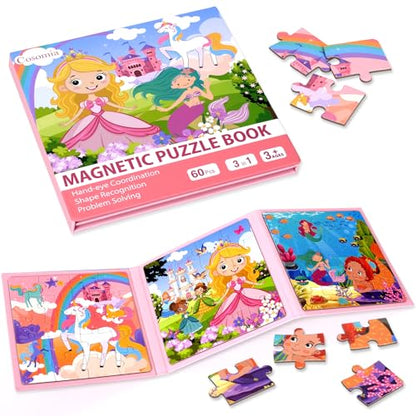 Magnetic Puzzles for Kids Ages 3-5, Princess Unicorn Mermaid | 3-in-1 Travel Puzzles for Kids Ages 4-6, Car Airplane Road Trip Activities Toys for 3 4 5 6 Year Old Girls
