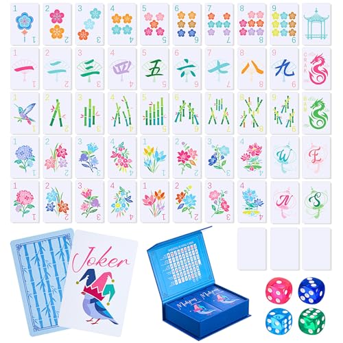 Soulchen 168-Piece PVC Blossom American Mahjong Cards, Large Print Set | Lightweight waterproof format with 4 dice and storage case for clubs pool cruises trips family game nights - color: Royal Blue, style: Blossom