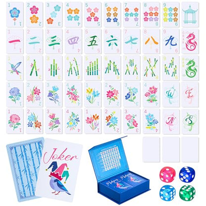 Soulchen 168-Piece PVC Blossom American Mahjong Cards, Large Print Set | Lightweight waterproof format with 4 dice and storage case for clubs pool cruises trips family game nights - color: Royal Blue, style: Blossom