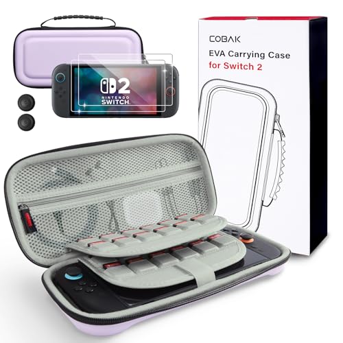 CoBak Large Capacity Carrying Case for Nintendo Switch 2 (2025) | 3 in 1 Accessories Bundle with 2 Screen Protectors, Thumb Grip Caps, 24 Game Cartridges, Hard Shell Portable Travel Pouch - color: Purple, size: 7.9 inch