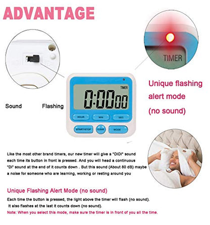 24-Hours Digital Kitchen Timer, Upgraded 12-Hour Display Clock, Big Digits, Loud Alarm, Magnetic Backing Stand, Count-Up & Count Down, Kids Timers for Cooking Baking Classroom Teachers Games(4 Pack) - color: W+b+p+g