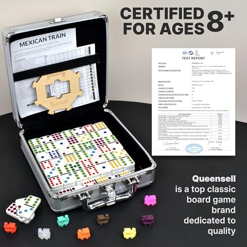 Queensell Mexican Train Dominoes Set with Wooden Hub, Domino Tile Board Games - Double 12 Dominos Set for Family Game Night for Adults and Kids Ages 8 and up (Double 12) - style: Double 12