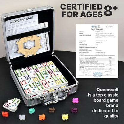 Queensell Mexican Train Dominoes Set with Wooden Hub, Domino Tile Board Games - Double 12 Dominos Set for Family Game Night for Adults and Kids Ages 8 and up (Double 12) - style: Double 12
