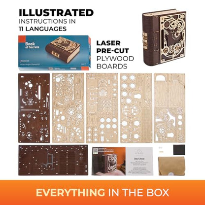 UGEARS Wooden Model Kits for Adults to Build - Book of Secrets 3D Wooden Puzzles for Adults with Steampunk Combination Lock – DIY Mechanical Puzzle Books for Adults – Medium Difficulty 263 Pcs