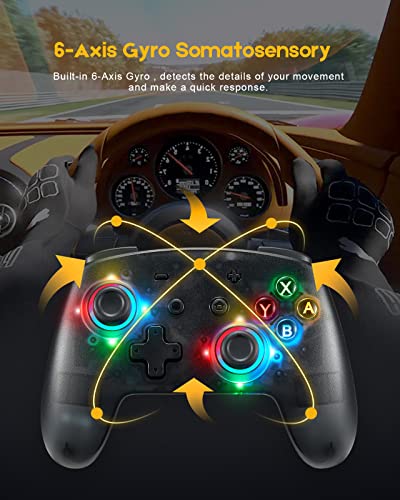 Switch Controller, 9 LED Colors, Pro Controller Compatible with Switch/Switch Lite, Wireless Gamepad with Back Buttons/Programmable/Motion Control/Dual Vibration/Turbo/Transparent