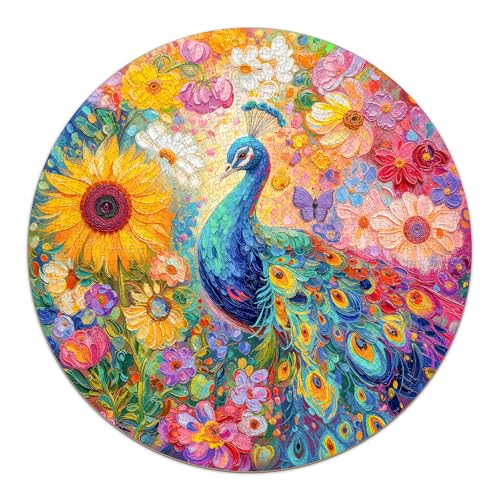 Peacock Puzzles for Adults 1000 Pieces (26.5 * 26.5in) | Round Bird Jigsaw, Letters on Back, Impossible Difficult Challenging Puzzles, Art Puzzle for Home Decor - color: Flower Peacock