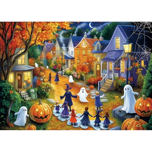 Halloween 1000 Piece Puzzle for Adults Jigsaw Puzzle Spooky Trick-or-Treat Scene with Pumpkins Ghosts & Haunted Houses Autumn Challenging Fun Family Game Night Puzzle with Poster（27"x20"） - color: Ghosts Haunted, size: (27"X19")