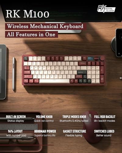 RK ROYAL KLUDGE M100 Wireless Mechanical Keyboard with Screen & Knobs, Red | RGB Gaming Keyboard with Number Pad, Bluetooth/2.4G/Wired, Hot Swappable Gasket Mount, Full Size for PC/Win/Mac, Cream Switch - color: Red