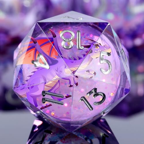 DNDND Purple Dragon Dice with Silver Numbers | Liquid Core 7-Piece Sharp Edge D&D Dice Set | Dragon Themed Collectible Metal Case | RPG Tabletop Gaming Gift - color: Liquid Dragon Purple