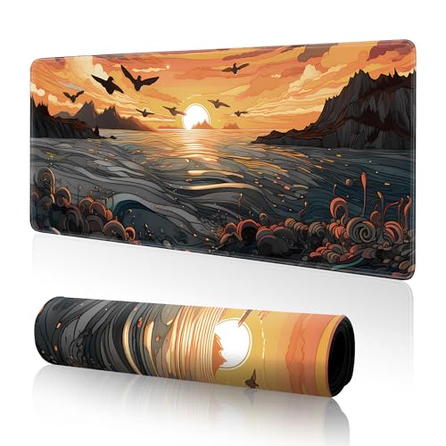 Japanese Sea Waves Large Gaming Mouse Pad,Anime Mouse Pad Gaming Mouse Mat Desk Pad,31.5 x 11.8in Desk Mat Mouse Pads for Desk,Extended Keyboard Pad XL Mousepad with Non-Slip Base and Stitched Edge - color: Japanese Sunset Waves