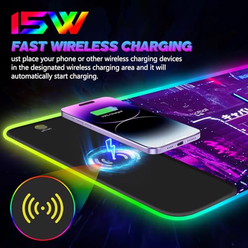 RGB Mouse Pad with 15W Wireless Charging, Purple Anime Neon Extended Large LED Gaming Mouse Pad Non-Slip Rubber Base, 10 Light Modes Desk Pad for Home Office-Warrior Cat - color: Warrior Cat