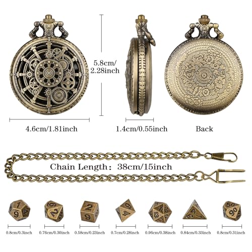 Mini DND Dice Set with Steampunk Hollow Gear Pocket Watch Shell Case, 7pcs Polyhedral Metal D&D Dice, DND Gifts with Gift Box for DND Fans, Role Playing Board Games Accessories - color: Bronze