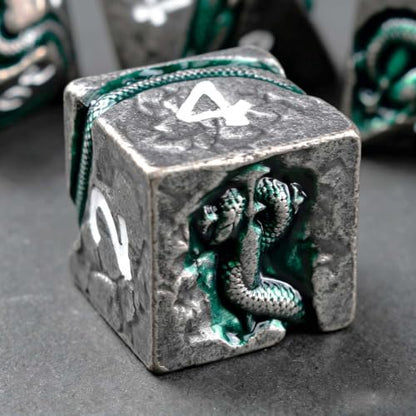 Serpent’s Cunning Metal DND Dice Set, 7 Piece Weighted Polyhedral Dice for Dungeons and Dragons, Balanced RPG Dice with Storage Case for Pathfinder Tabletop Games - color: Ancient Silver
