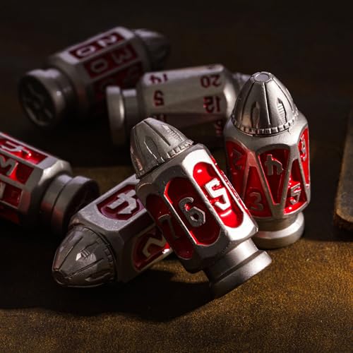UDIXI Bullet Metal Dice Set D&D, RPG Polyhedral Bullet Dice Set Nickel Red | 7PCS, Cool Design, Magazines Container and PU Leather Bag, for DND Dungeons and Dragons Role Playing Games and Tabletop Games - color: Red