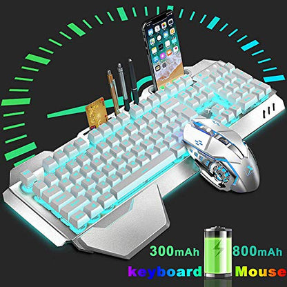 Wireless Keyboard and Mouse, Blue LED Backlit Rechargeable Keyboard with 3800mAh Battery, Metal Panel, Removable Hand Rest Mechanical Feel, 7 Color Gaming Mute Mouse for PC Gamers - color: White Blue