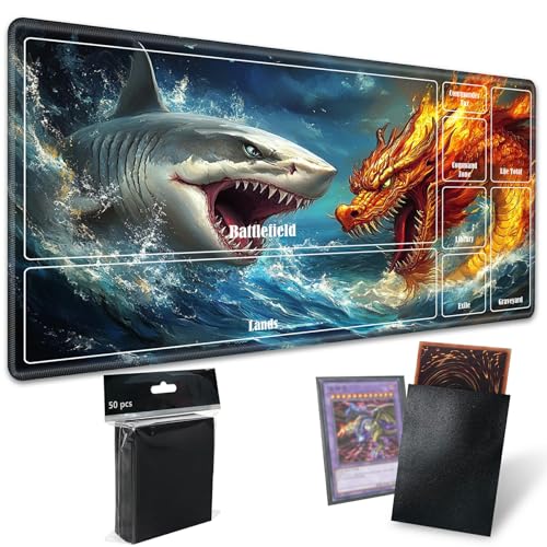MTG Playmat with Zones, TCG Card Game Play Mat with Stitched Edges, Non-Slip Rubber Base Gaming Desk Mat, Smooth Surface 24 x 14 Inch, Dragon and White Shark - color: Dragon and White Shark, size: Zone 1