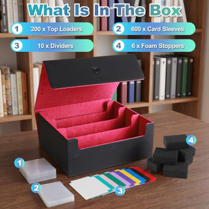 Trading Card Storage Box, Holds 1800 Sleeved Card, PU Magnetic Closure | 200 Toploaders and 600 Penny Sleeves INCLUDED, 10 Dividers and 6 Foam Stoppers INCLUDED, Fit for MTG, TCG and Sports Cards - color: Black and Red