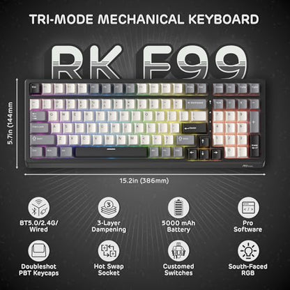 RK ROYAL KLUDGE F99 Wireless Mechanical Keyboard, Gasket Structure | 95% 100 Keys Hot Swappable RGB Gaming Keyboard, Tri-Mode BT/2.4GHz/USB-C, Pre-lubed Custom Switches, for PC/Xbox/PS4/PS5 - color: Knight Black, size: Linear Cream Switch