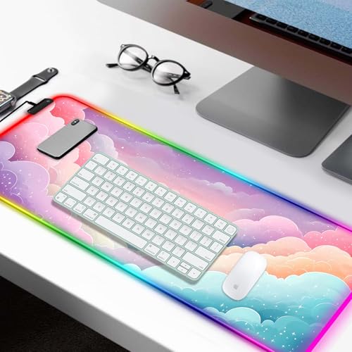 RGB Dreamy Colorful Cloud and Star Gaming Desk Mat, Computer Keyboard Large Extended Long Girly LED Mouse Pad for Office and Home, XL (W08) - color: Rgb-w08