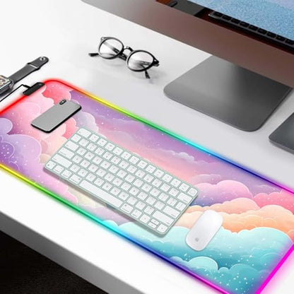 RGB Dreamy Colorful Cloud and Star Gaming Desk Mat, Computer Keyboard Large Extended Long Girly LED Mouse Pad for Office and Home, XL (W08) - color: Rgb-w08