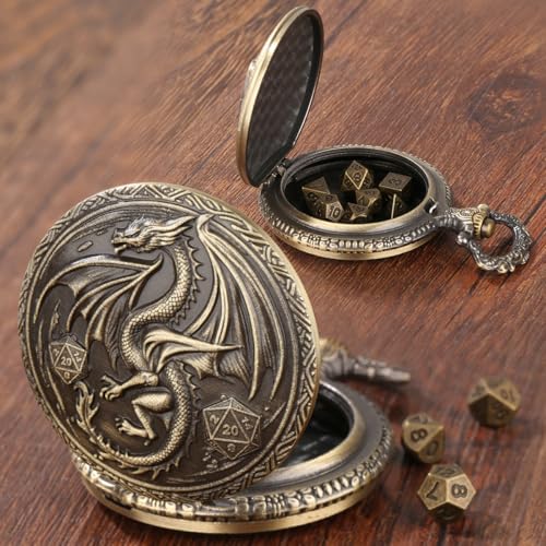 Mini DND Dice Set, with Steampunk Winged Dragon Pocket Watch Shell Case, 7-Piece Polyhedral Metal D&D Dice, DND Gift Bag with Dragon Logo, MTG, Role Play Board Game Accessories, Bronze - color: Bronze