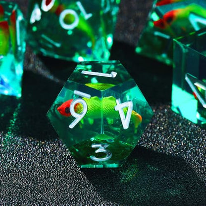 Moss and Koi Fish DND Dice Set - 7Pcs Sharp Edge Resin Polyhedral Game Dice for D&D RPG - Includes D20, D12, D10, D8, D6, D4 - Moss Agate Fish Design(Green) - color: Green