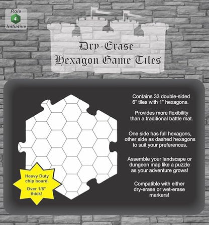 Role 4 Initiative Dry Erase Hexagon Dungeon Tiles - Pack of 33 Six Inch Tiles