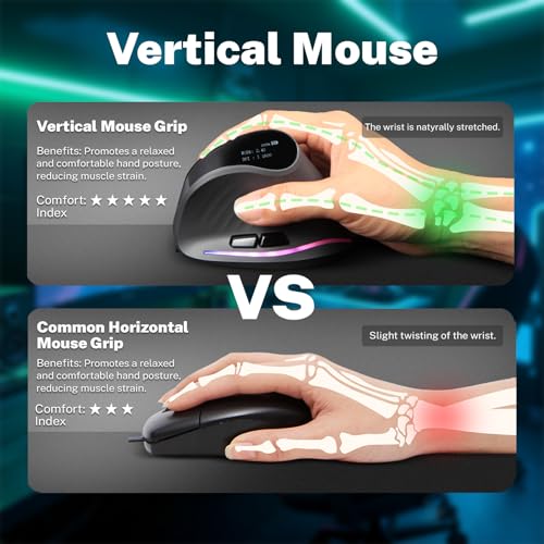 Gaming Mouse with Display, Wireless Vertical Ergonomic Mouse with Tri-Mode Connectivity, 7 Programmable RGB Buttons, 4000 DPI, Rechargeable for PC Laptop Mac - color: Gray