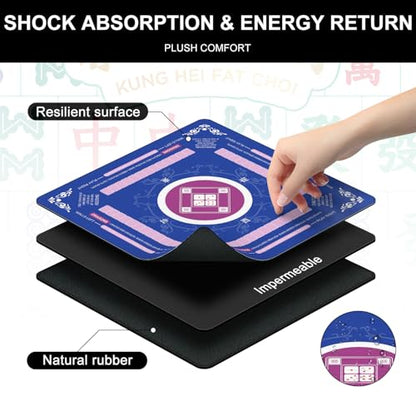 Mahjong Mat 31.5x31.5 Inch,Non-Slip and Silent Travel Mahjong Set for Mahjong, Equipped with a Portable Carrying Bag, Rubber Mahjong Mat for Poker, Cards and Board Games (Blue) - color: Blue
