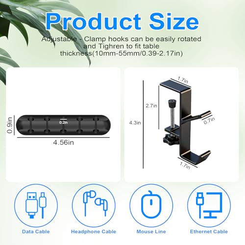 4 Pcs Under Headset Stand - Aluminum Alloy Headphone Holder with 1 Cord Organizer for Desk Fit for PC Gaming Headset Hanger Hook Suitable for Office,Computer, Class Desk, Handmade Creator Table,Black