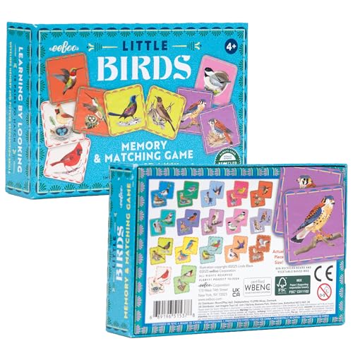 eeBoo Little Birds Memory & Matching Game, Ages 4+, 1-4 Players | Introduces common backyard bird species. Sharpens recognition, concentration & memory skills. Includes 36 tiles, 18 pairs - style: Birds