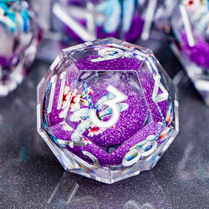 DND Dragonfly Dice 7PCS Polyhedral Sharp Edge Dice Set with Gift Case for Dungeons Dragons Role Playing Game, RPG Resin D and D Dice D6 D8 D10 D12 D20 D% (Silver Purple) - color: Qt-silver Purple