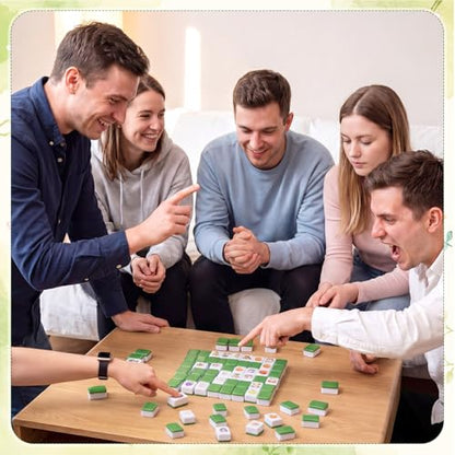 Leitee 2 Players Mahjong Block Set 1.18" Mahjong Tile Game Including 64 Pcs Green Tiles with Animal and Food Pattern Dice Portable Storage Bag Party Activities Supplies