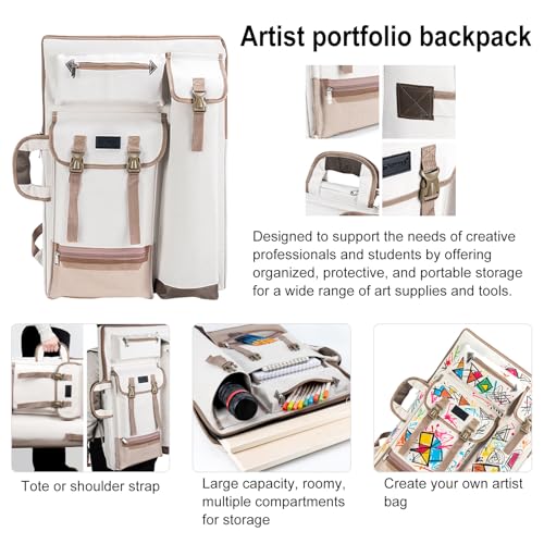 TRANSON Art Portfolio Case Artist Backpack Canvas Bag Large 26” x 19.5” - color: White