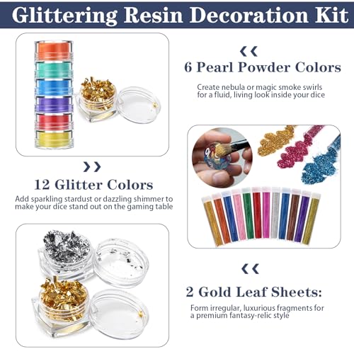 38 Pcs Dice Molds for Resin Set Resin Kit for Beginners with Silicone Dice Mold Gloves Mixing Sticks Measuring Cup Pour Cups Droppers Brushes Glitter Gold Powder DIY Gift for Tabletop RPG Lovers