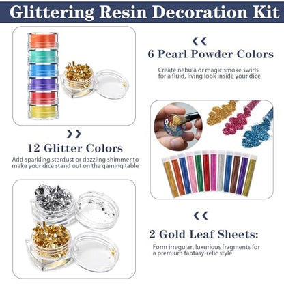 38 Pcs Dice Molds for Resin Set Resin Kit for Beginners with Silicone Dice Mold Gloves Mixing Sticks Measuring Cup Pour Cups Droppers Brushes Glitter Gold Powder DIY Gift for Tabletop RPG Lovers