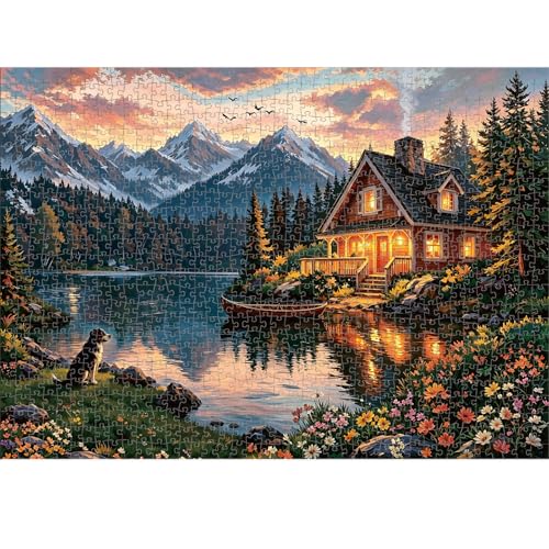 1000 Piece Puzzle for Adults, 20 x 27 inches Jigsaw Puzzles - Lake | Tight Piece Fit, 1:1 Reference Poster, Lettered Back, Minimal Puzzle Dust, Vibrant Colors, 2mm Extra-Thick Pieces - color: 1000 Pieces-mountain Lake Cabin