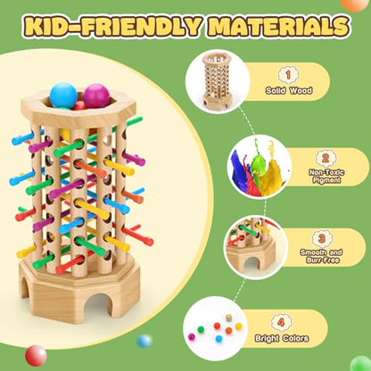 Wooden Ball Drop Board Game for Kids Ages 3-6, Montessori Family Game | Stick Drop Challenge • Fine Motor Skills • Family Fun • Montessori Learning