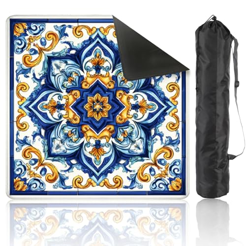 Mahjong Mat 31.5" x 31.5" Blue Yellow Floral Ornamental Tile Vintage Design Non-Slip Noise Reduction Mahjong Tiles Table Cover for Dominoes Poker Card Board and Tile Games - color: Color13