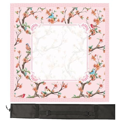 Chinoiserie Mahjong Mat with Carrying Bag,Rubber Anti Slip and Noise Reduction Multi Purpose Game Table Cover for Card, Board Tile Games 31.5" x 31.5" Pink - color: Pink