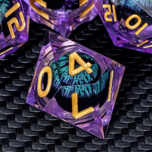 ARUOHHA Dragon Eye DND Dice, Purple Green Resin Sharp Edged Dice Set RPG Role Playing Game, Liquid Core Polyhedral D and D Dice Set D20 D12 D10 D8 D6 D4 - color: Ly03-purple