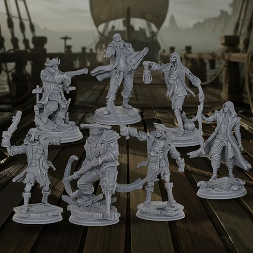 AUSPDICE 28mm DND Minis Fantasy Tabletop RPG Miniatures, Pirate Crew AS800 | 7 Pirate Figures for Dungeon Masters: Skeleton Crew, Shark Warrior, Lookout, Musician and Hooded Rogue for Wargame Adventures
