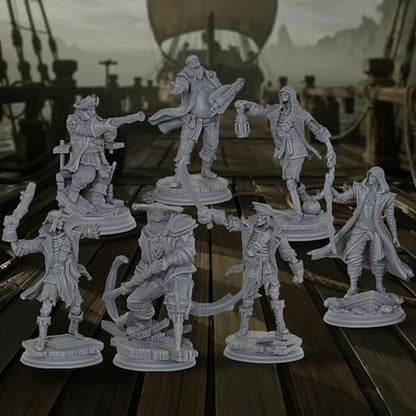 AUSPDICE 28mm DND Minis Fantasy Tabletop RPG Miniatures, Pirate Crew AS800 | 7 Pirate Figures for Dungeon Masters: Skeleton Crew, Shark Warrior, Lookout, Musician and Hooded Rogue for Wargame Adventures