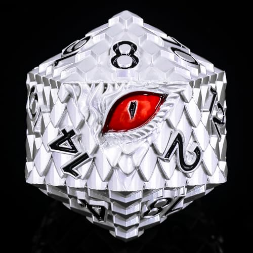 1 die Metal D20 DND Dice - Dragon Scale Metallic 20 Sided Giant Polyhedral Dice,35mm Large Dragon Eye Metal D&D Dice for Dungeons and Dragon Tabletop Game(White Dragon Scale) - color: White Dragon Scale