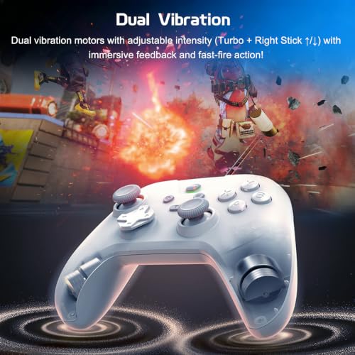 Joso Wired Gaming Controller with 1000Hz Polling Rate, USB Gamepad for Android, Switch, PC & PS4, Turbo and Adjustable Dual Vibration, 6.6-Foot Cable, USB C Adapter Included - color: White